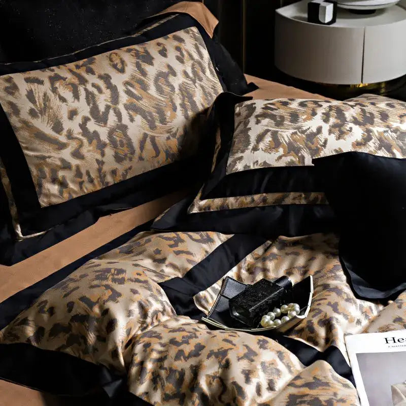 Leopard jacquard black & gold lyocell cotton bedding set bedroom