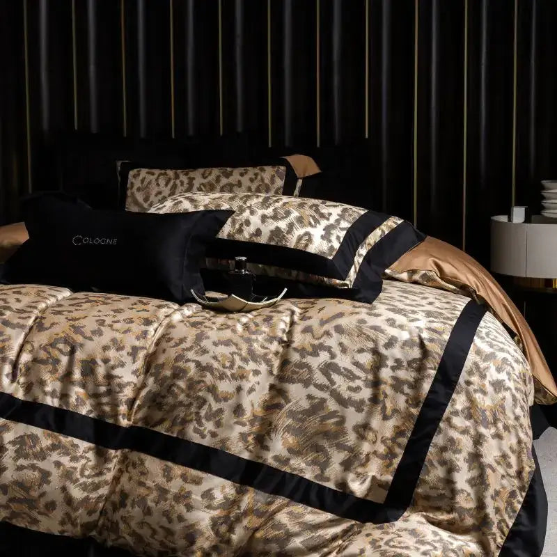 Leopard jacquard black & gold lyocell cotton bedding set bedroom