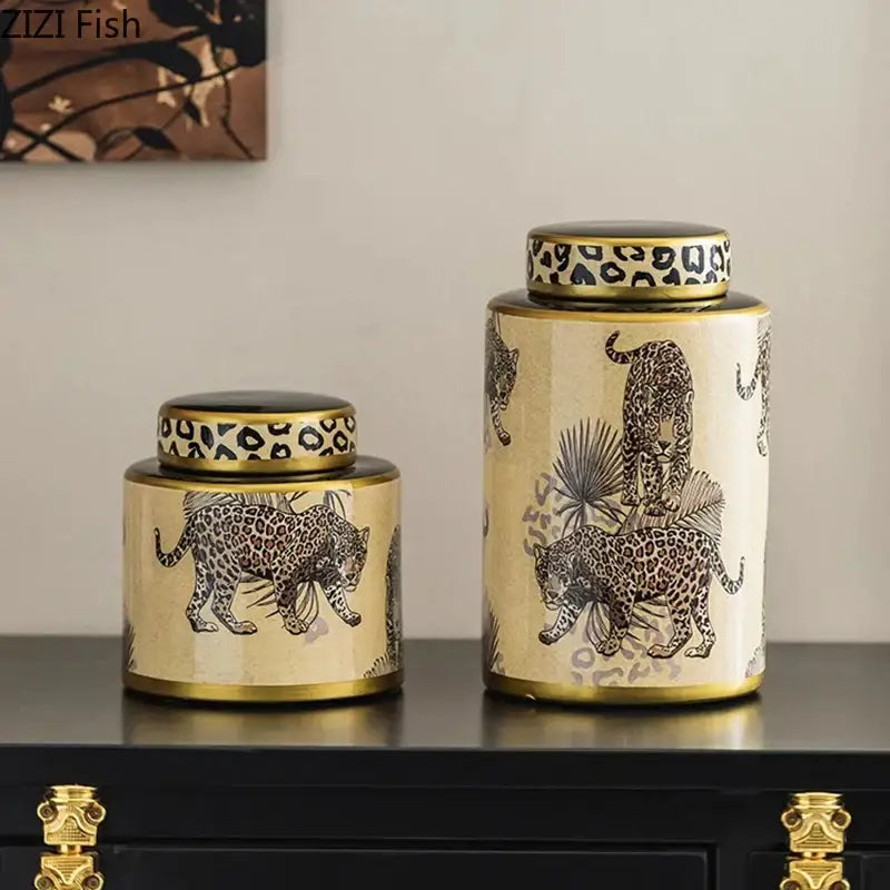 Leopard pattern cream ceramic storage jar bedroom jewelry canister