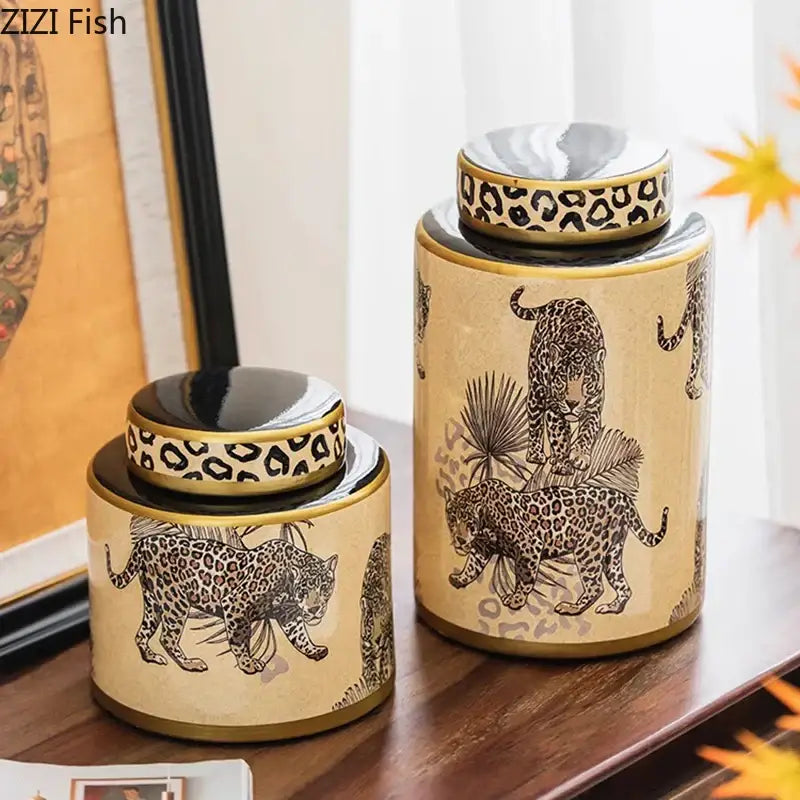 Leopard pattern cream ceramic storage jar bedroom jewelry canister