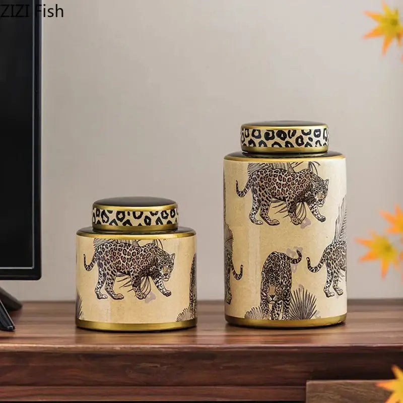 Leopard pattern cream ceramic storage jar bedroom jewelry canister