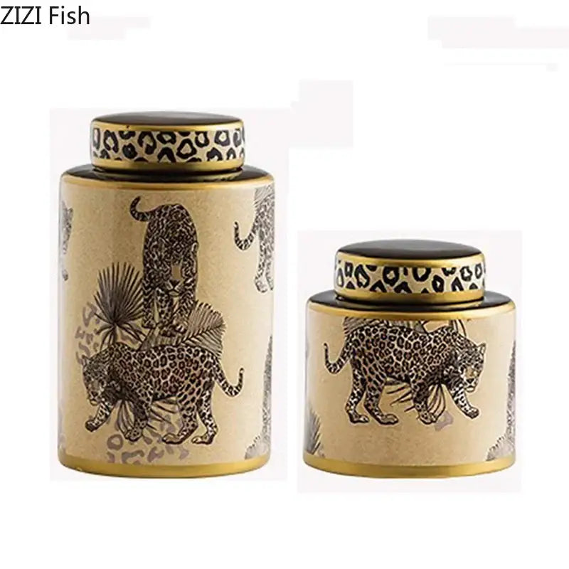Leopard pattern cream ceramic storage jar bedroom jewelry canister