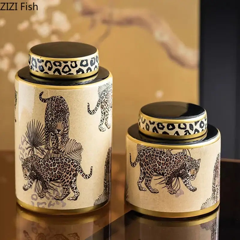 Leopard pattern cream ceramic storage jar bedroom jewelry canister