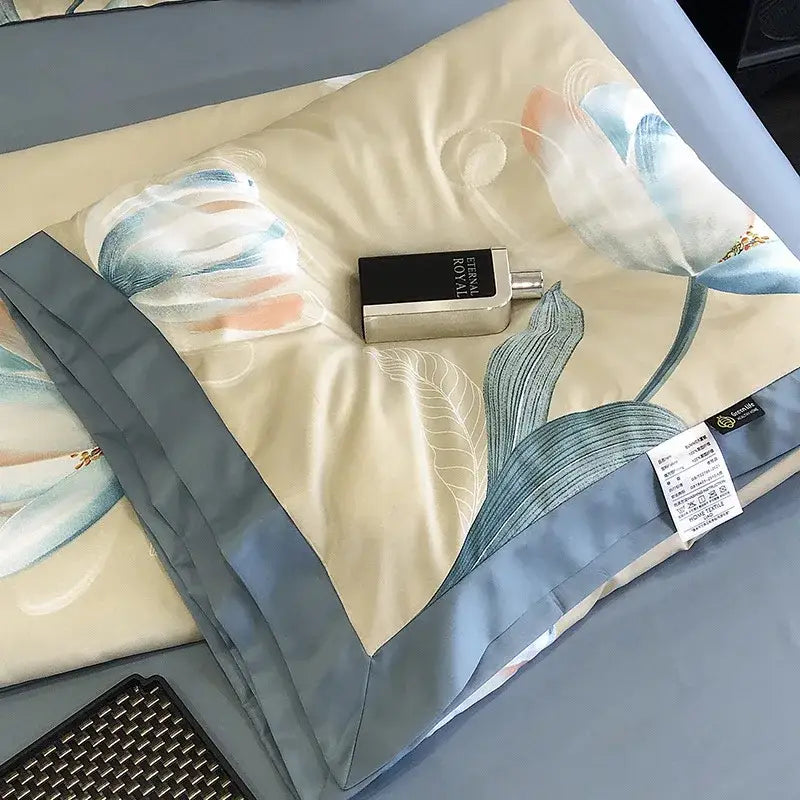Leopard print cream & blue satin pillow sham bedroom decor