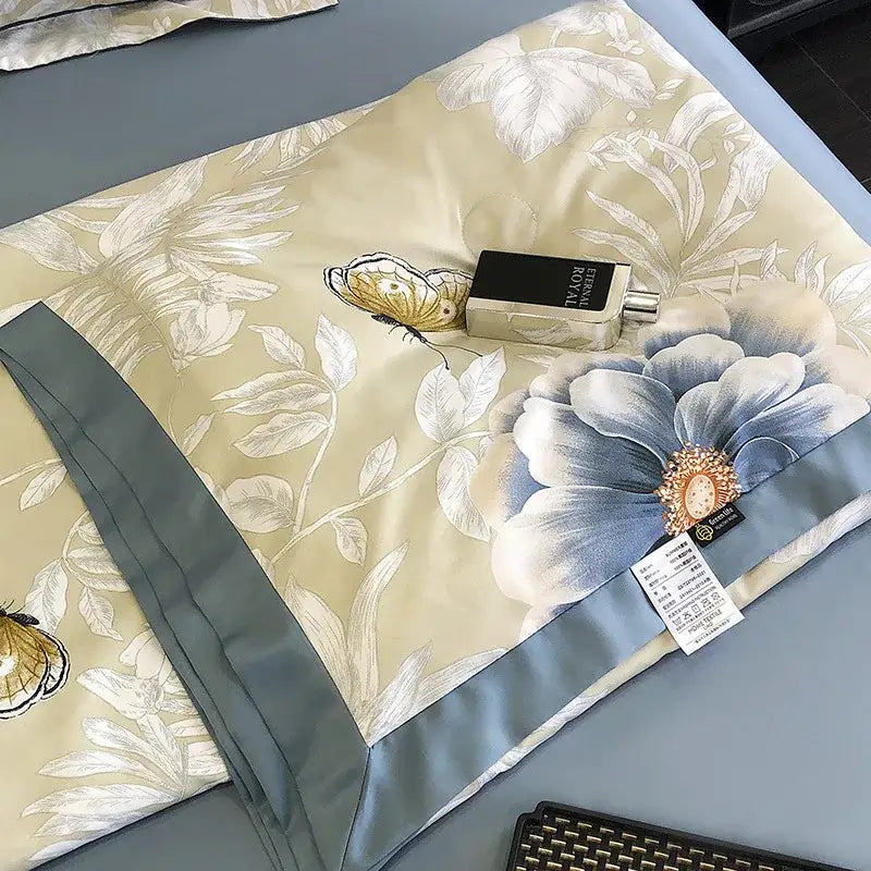 Leopard print cream & blue satin pillow sham bedroom decor