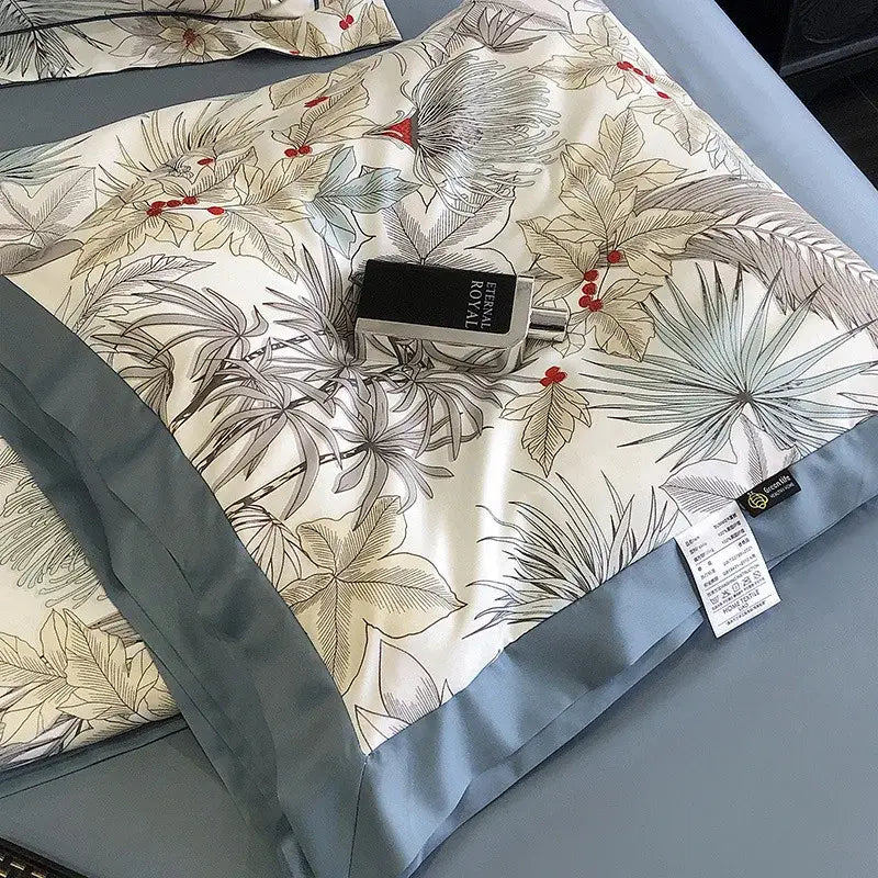 Leopard print cream & blue satin pillow sham bedroom decor