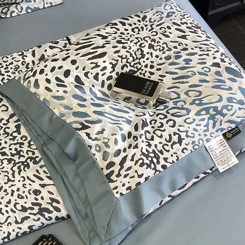 Leopard print cream & blue satin pillow sham bedroom decor