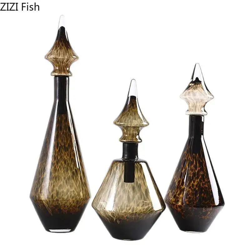 Leopard print glass vase set amber & black decanters living room decor