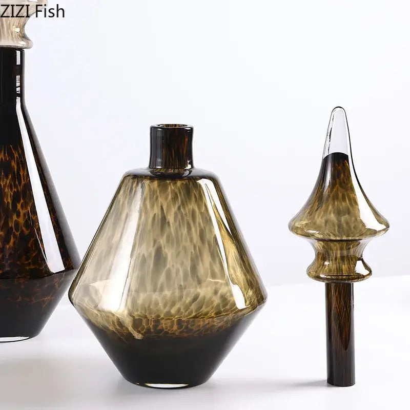 Leopard print glass vase set amber & black decanters living room decor
