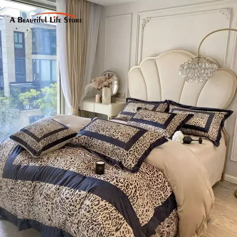 Leopard print velvet bedding set bedroom ruffled decor