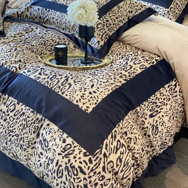Leopard print velvet bedding set bedroom ruffled decor