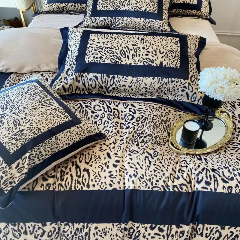 Leopard print velvet bedding set bedroom ruffled decor
