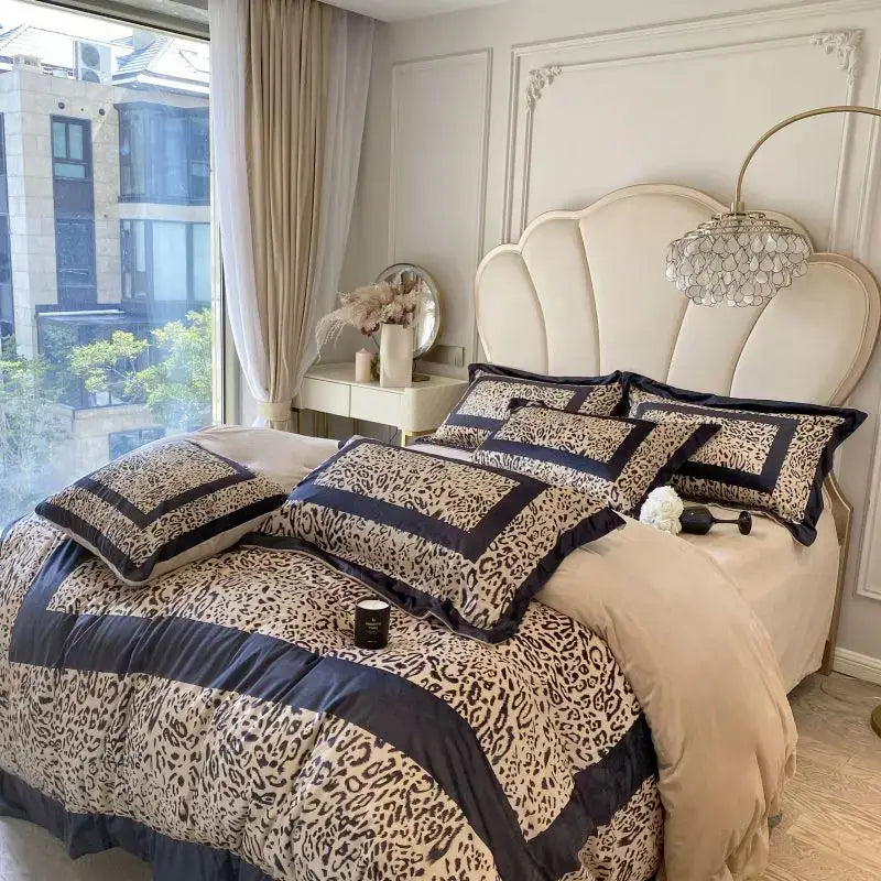 Leopard print velvet bedding set bedroom ruffled decor