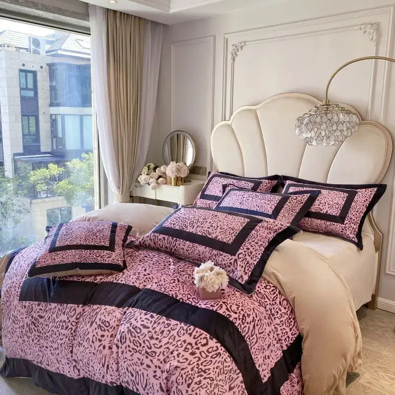 Leopard print velvet bedding set bedroom ruffled decor