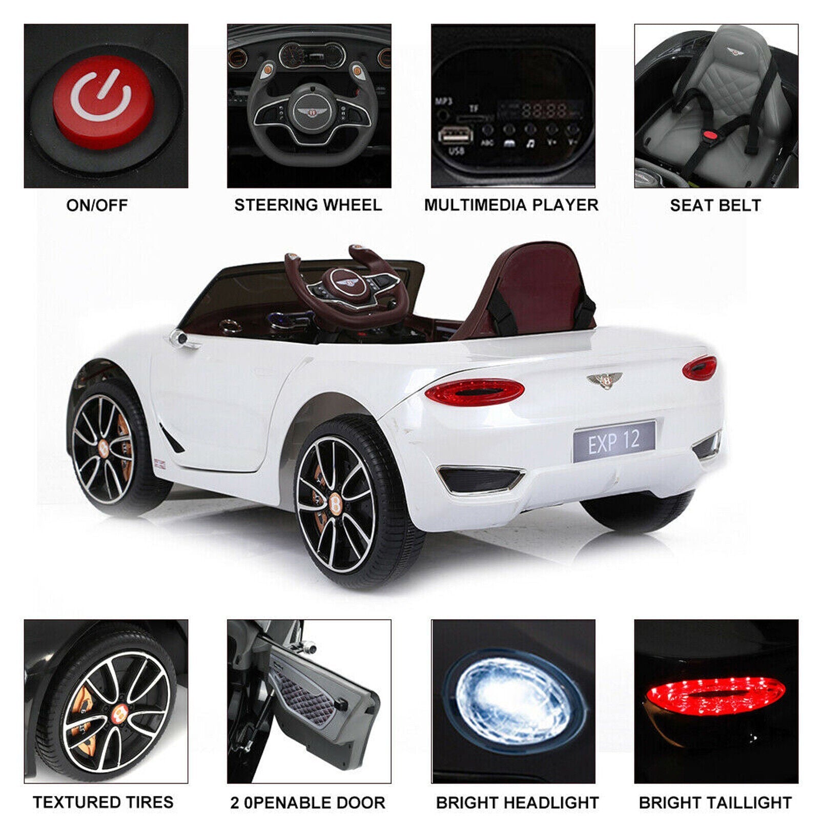 12V Bentley Style Kids Ride On Electric Toy Car with Remote Control and LED Lights