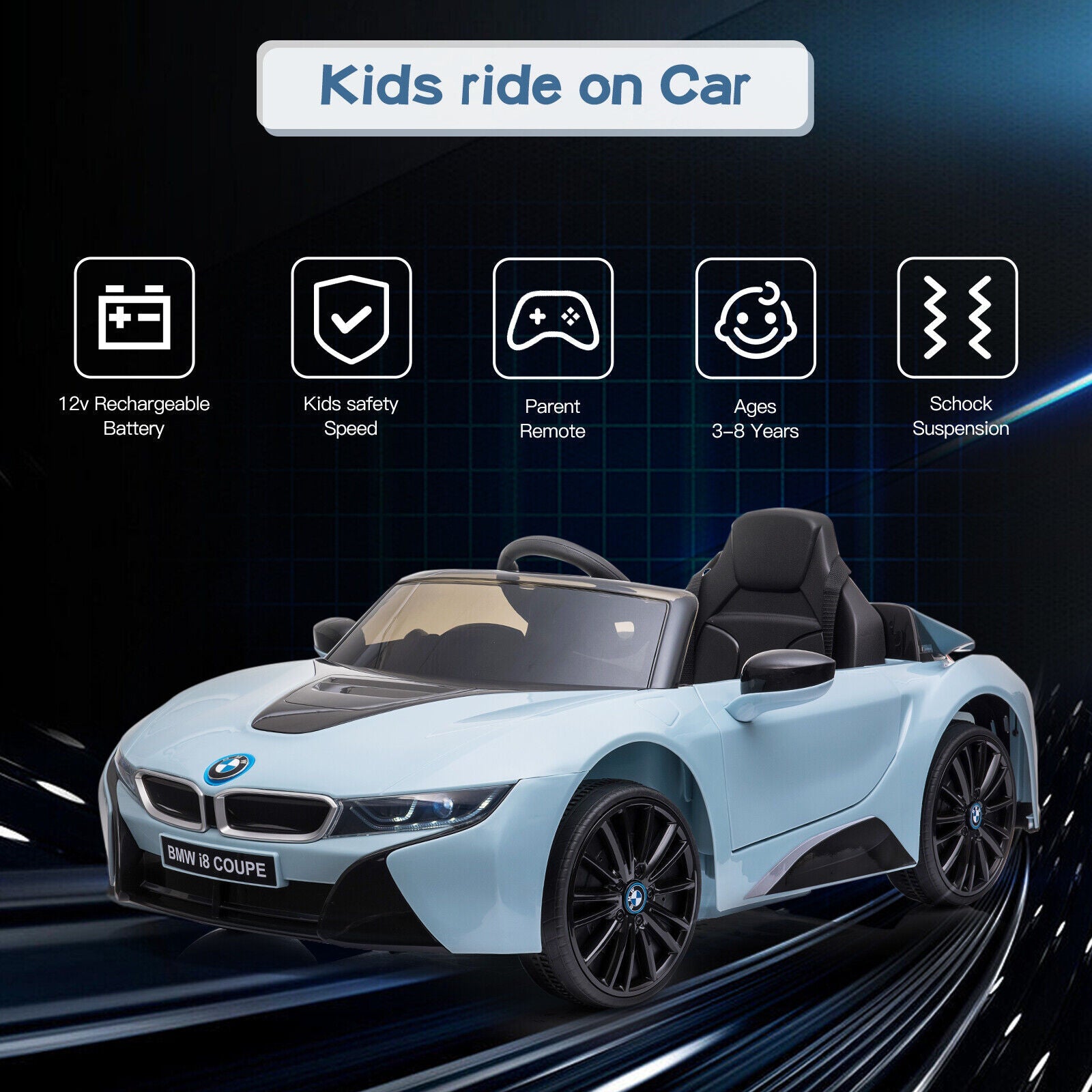 Licensed BMW I8 Electric Ride-On Car for Kids with Remote Control - Blue