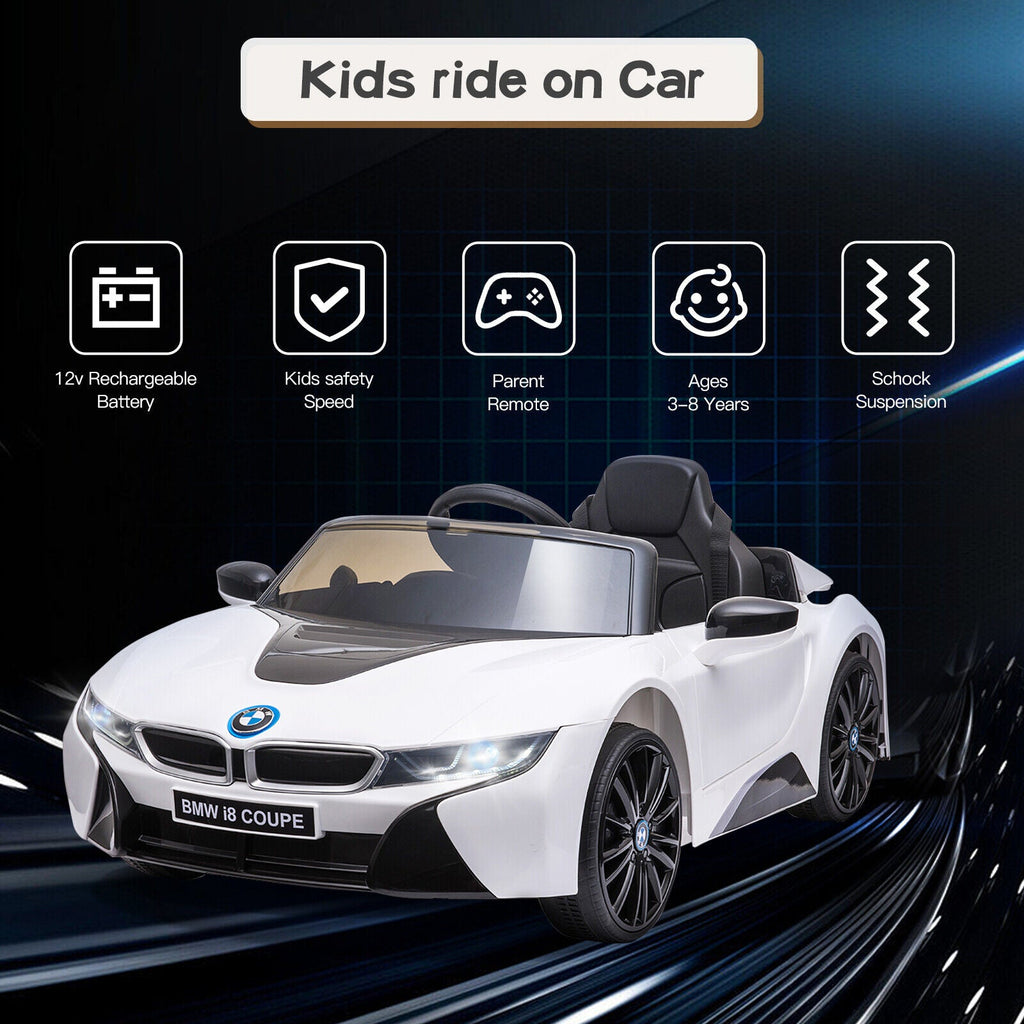 Licensed BMW I8 White Electric Ride-On Car for Kids with MP3 and Remote Control - 12V
