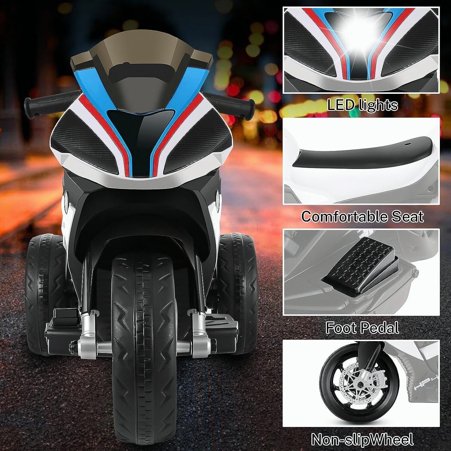 Licensed BMW 3-Wheel Electric Ride-On Motorcycle for Kids with Lights - White