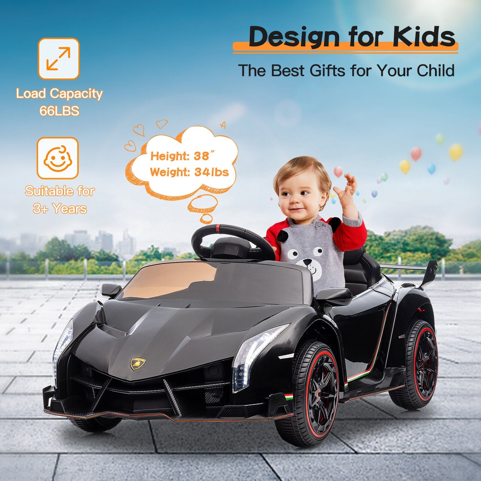 Licensed Lamborghini 2-Seater Electric Ride On Car for Kids with Remote Control - 12V US Version