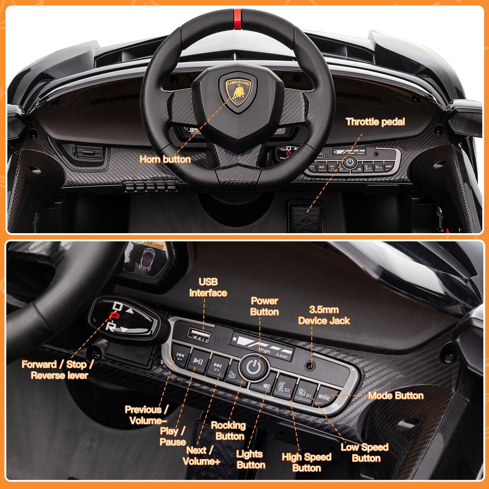 Licensed Lamborghini 2-Seater Electric Ride On Car for Kids with Remote Control - 12V US Version
