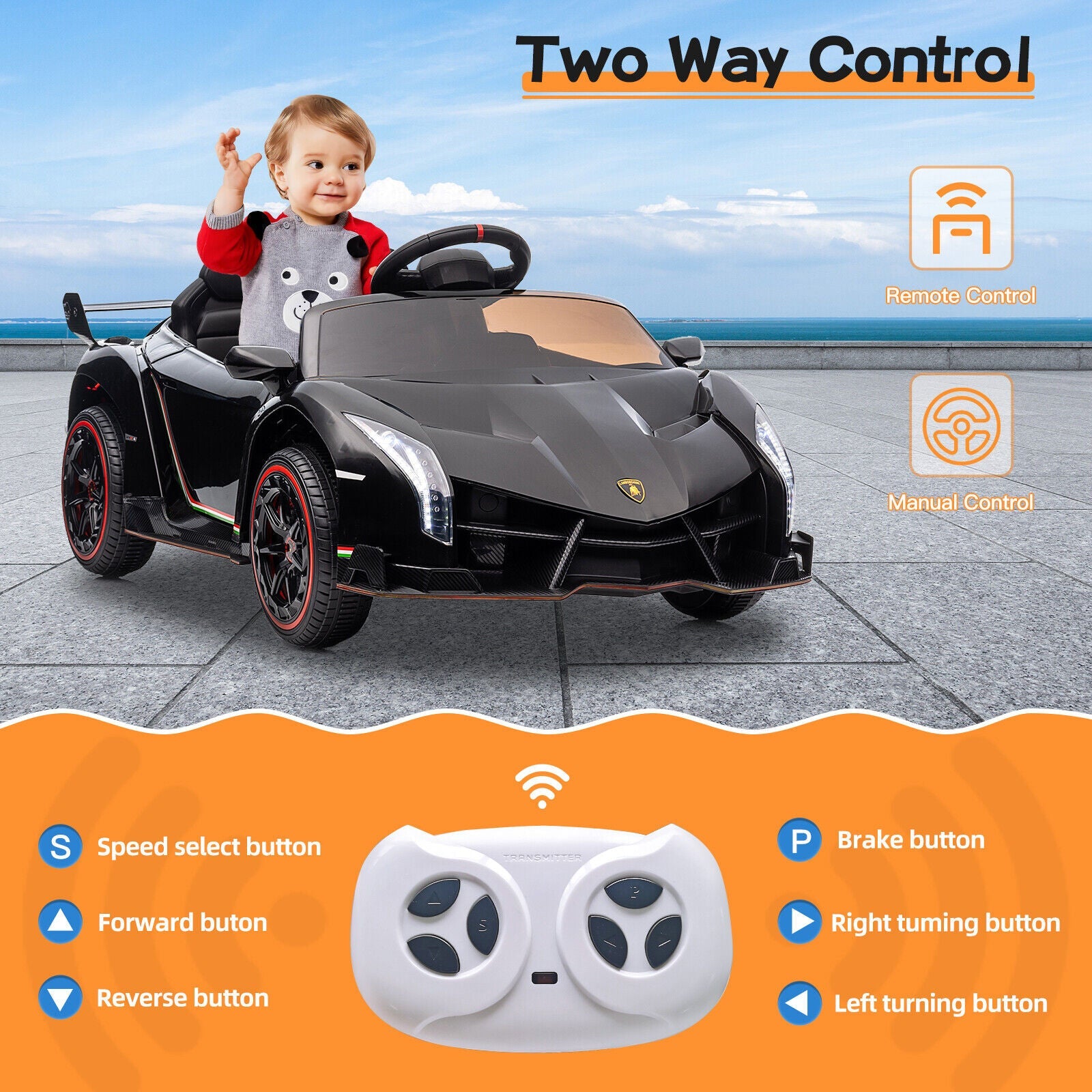Licensed Lamborghini 2-Seater Electric Ride-On Car for Kids with Remote Control - 12V