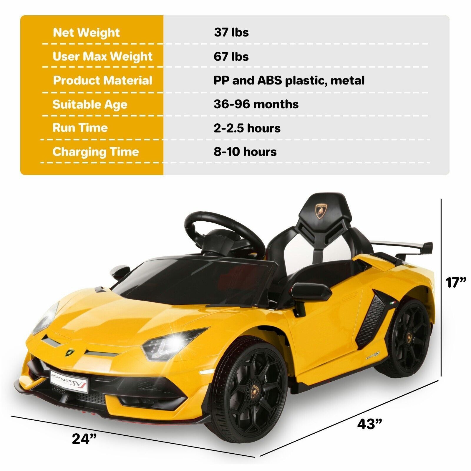 Licensed Lamborghini Ride-On Car for Kids with Remote Control and MP3 Player - 12V Electric Toy