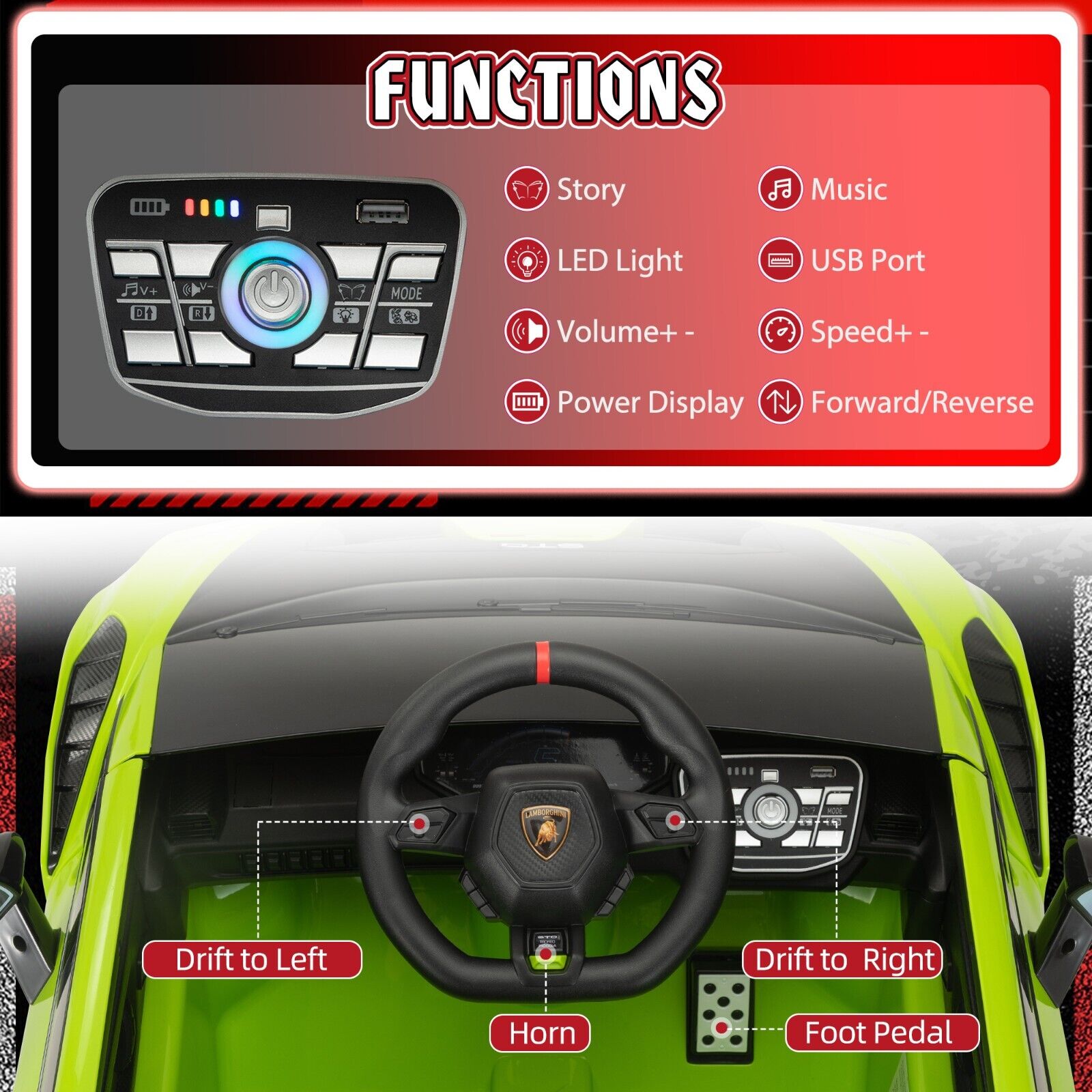 Licensed Lamborghini STO Ride On Car for Kids with RC and Music - 12V Electric Vehicle