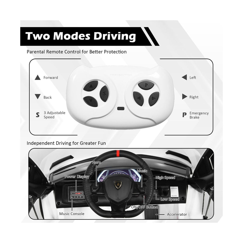 Licensed Lamborghini SVJ RC Ride-On Car for Kids with Trunk & Music - 12V White