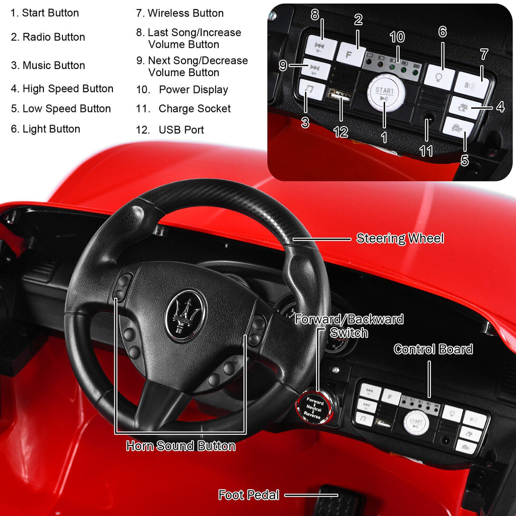 Licensed Maserati GranCabrio 12V Ride-On Car for Kids with Remote Control and Music - Red
