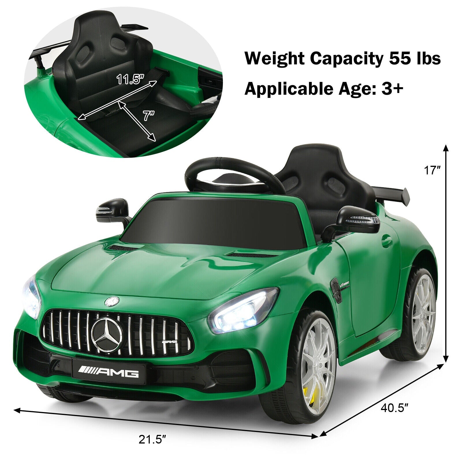 Licensed Mercedes Benz AMG GTR 12V Ride On Car with Remote Control & MP3 Player for Kids - Green