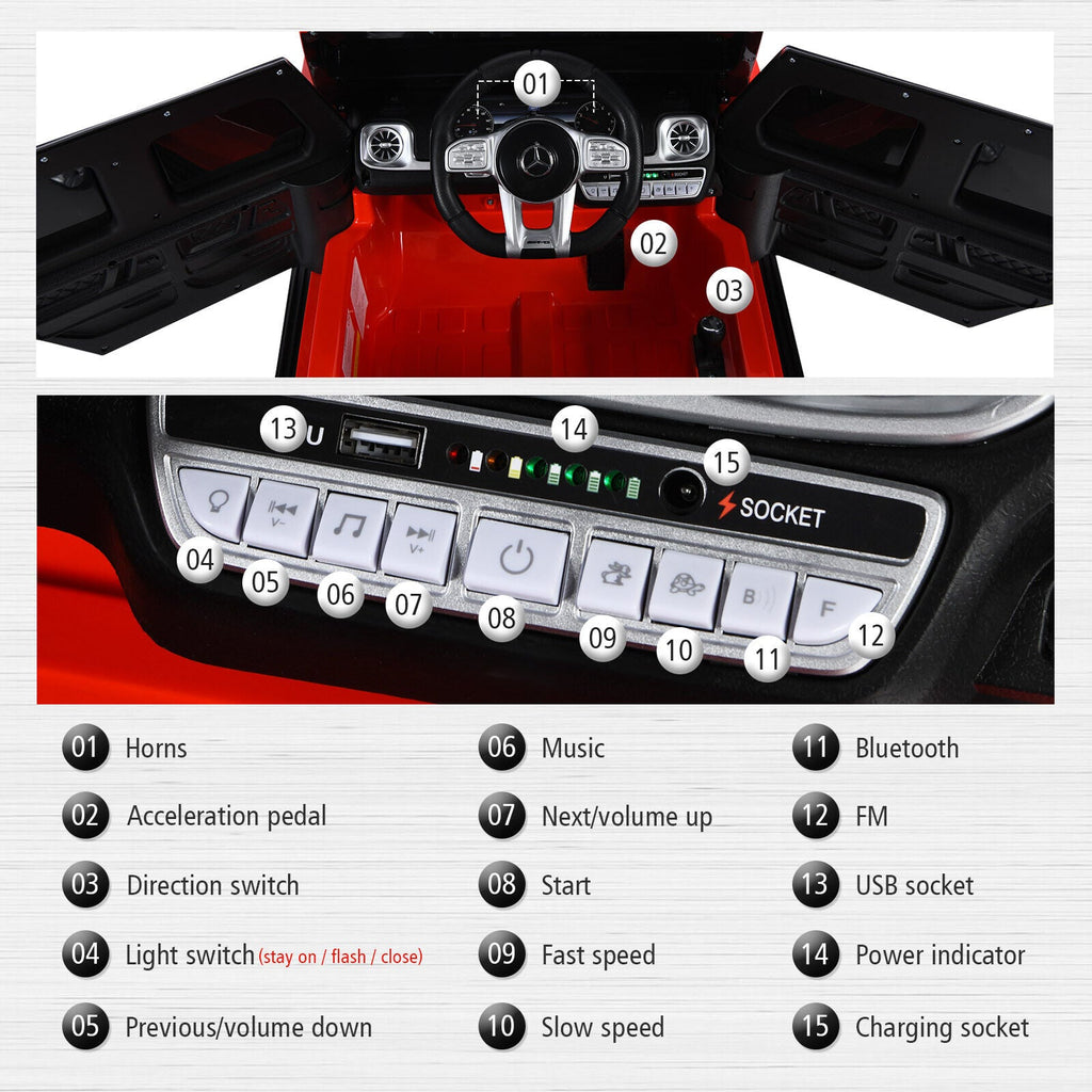 Licensed Mercedes-Benz G63 12V Kids Ride On Car with Remote Control and Music in Red