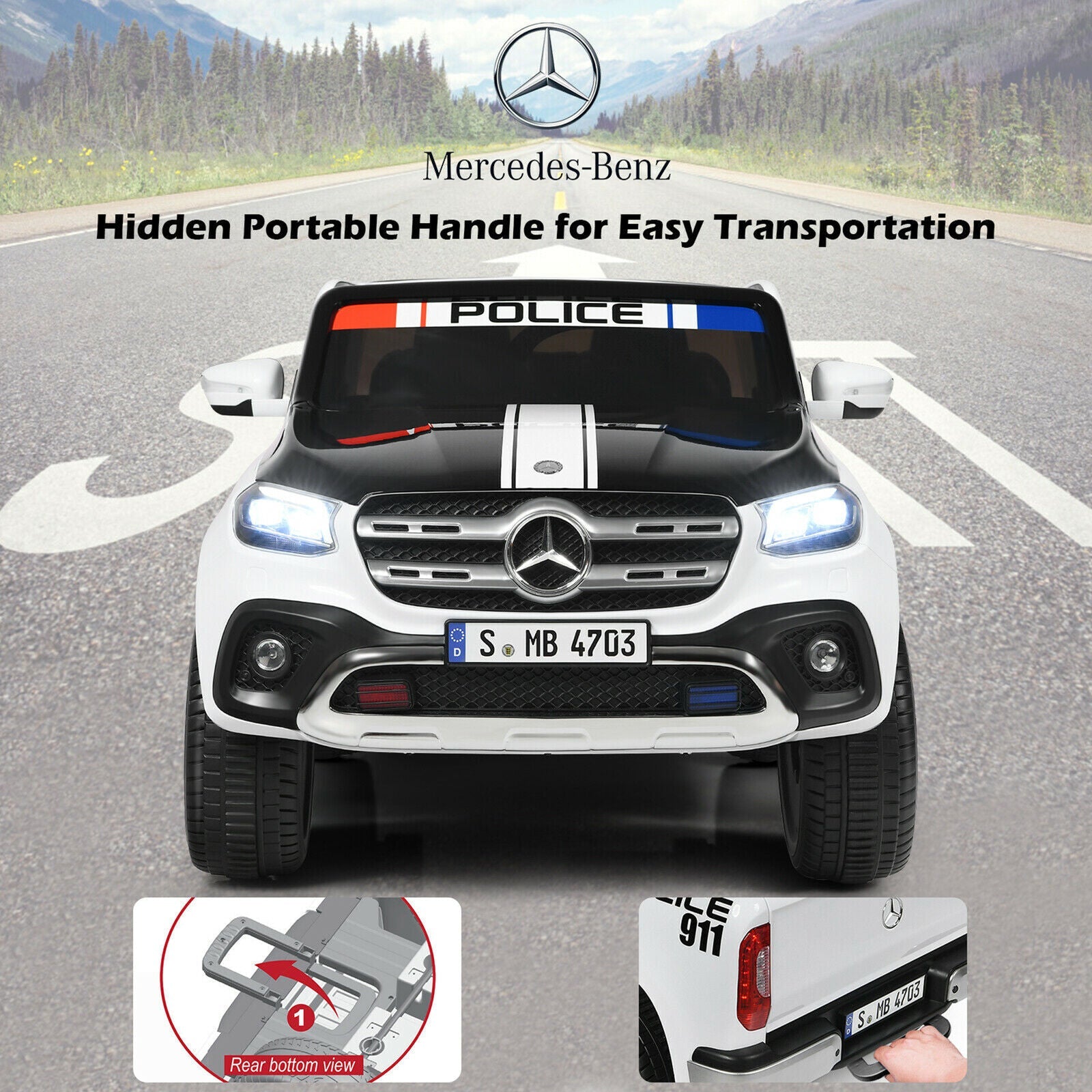 Licensed Mercedes Benz X Class RC 2-Seater Kids Police Car with Trunk - 12V