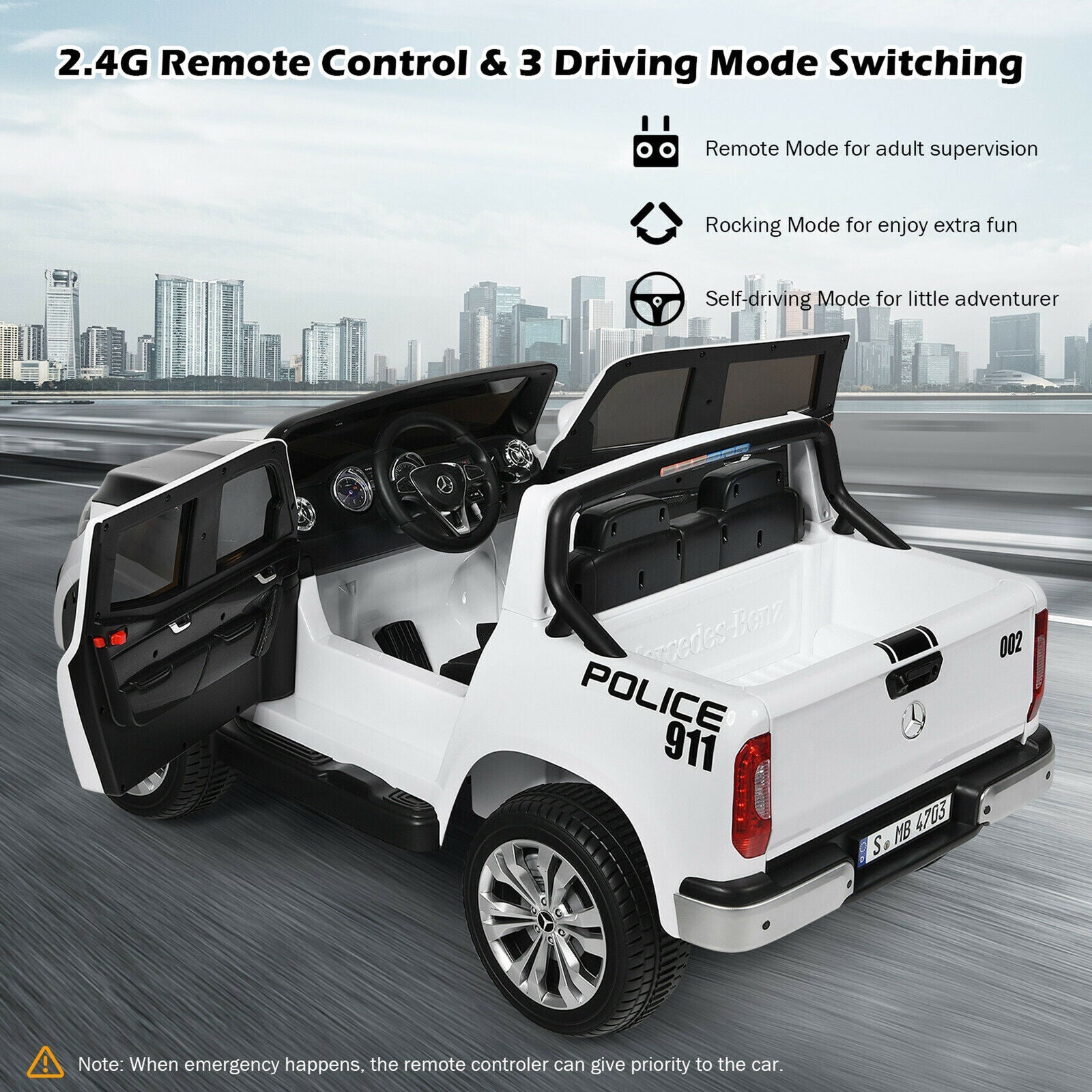 Licensed Mercedes Benz X Class RC 2-Seater Kids Police Car with Trunk - 12V