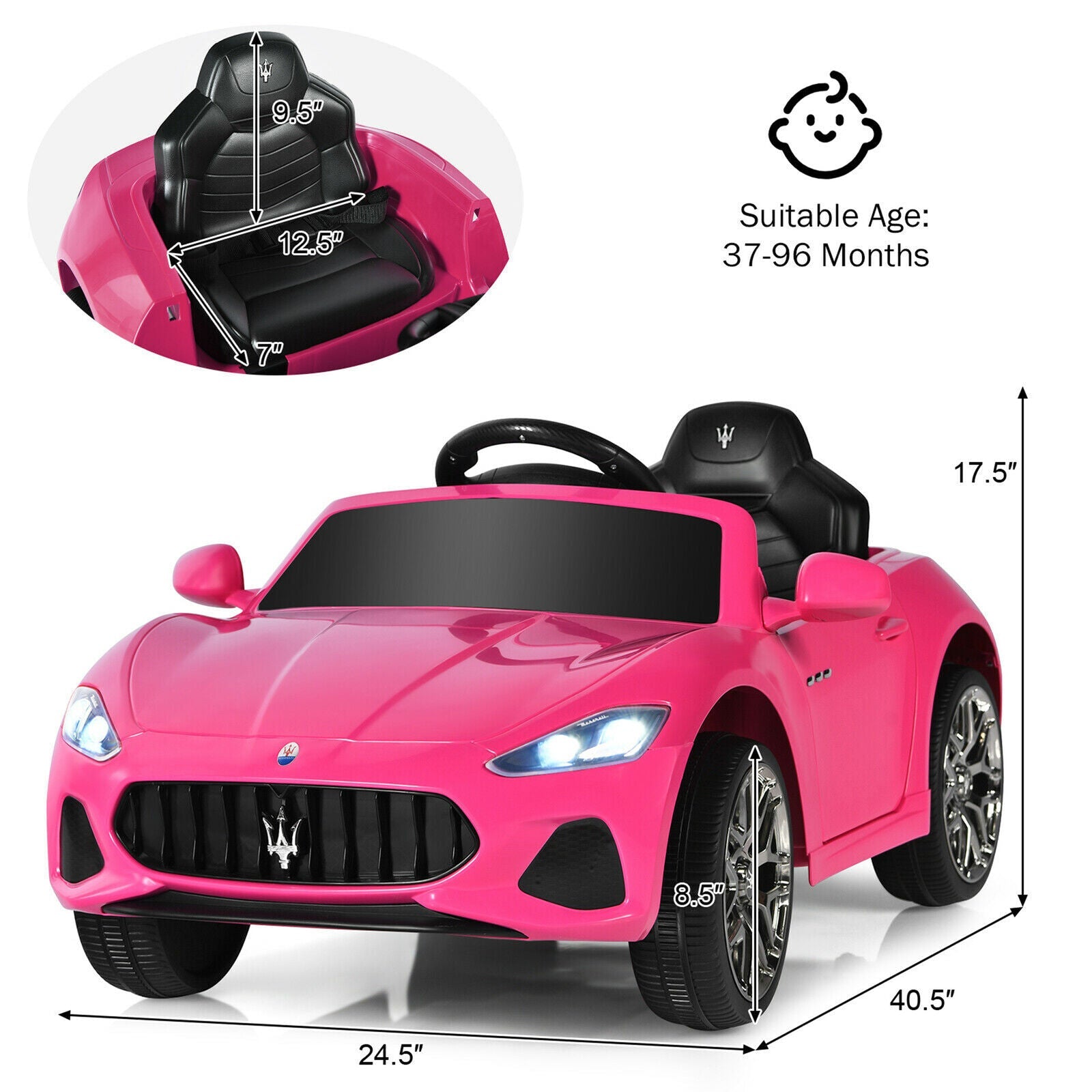 Licensed Pink Maserati GranCabrio 12V Ride On Car with Remote Control and Lights for Kids