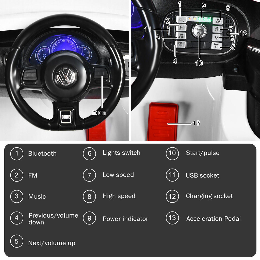 Licensed Volkswagen Beetle 12V Ride On Car for Kids with Music & Remote Control - White