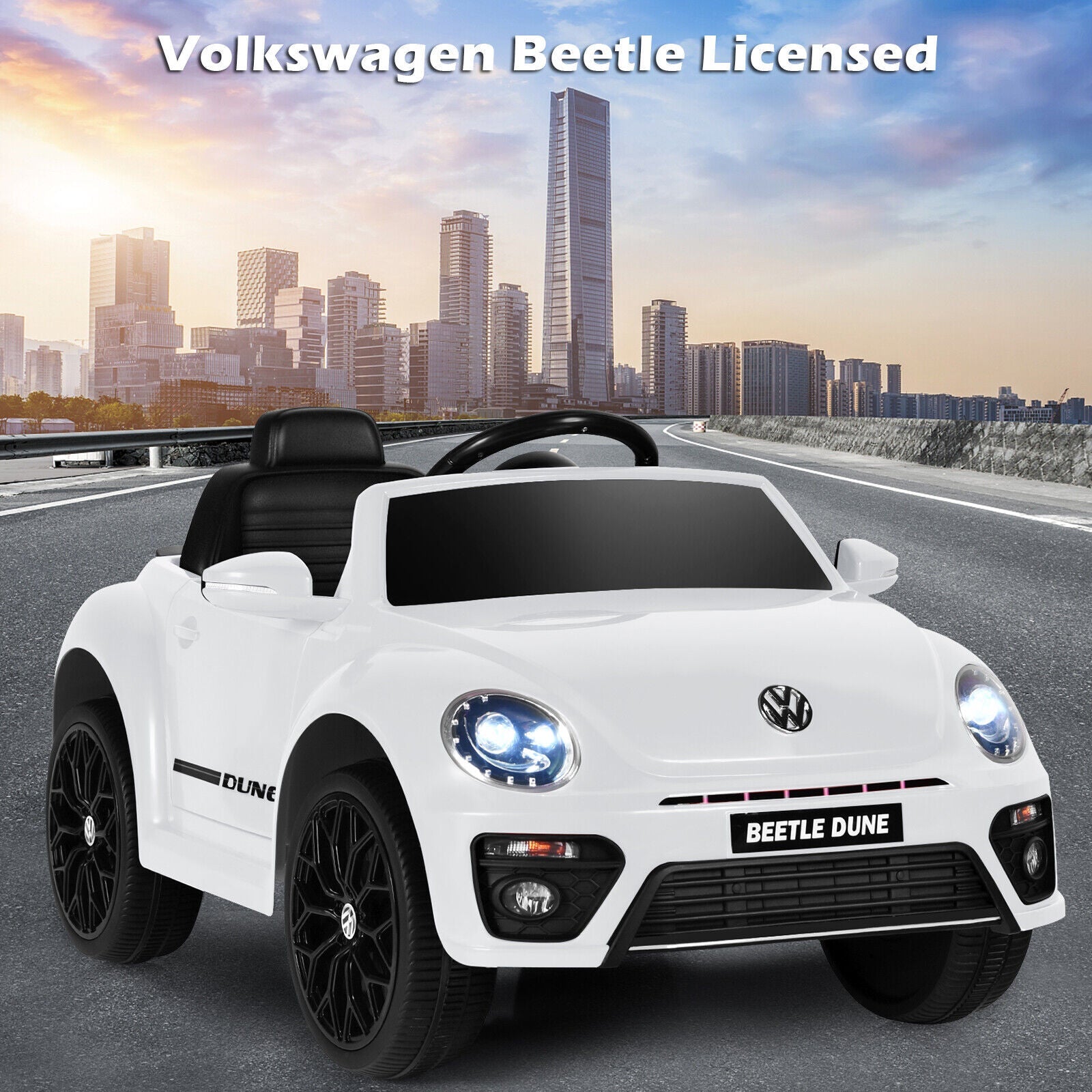 Licensed Volkswagen Beetle 12V Ride On Car for Kids with Remote Control and Music - White