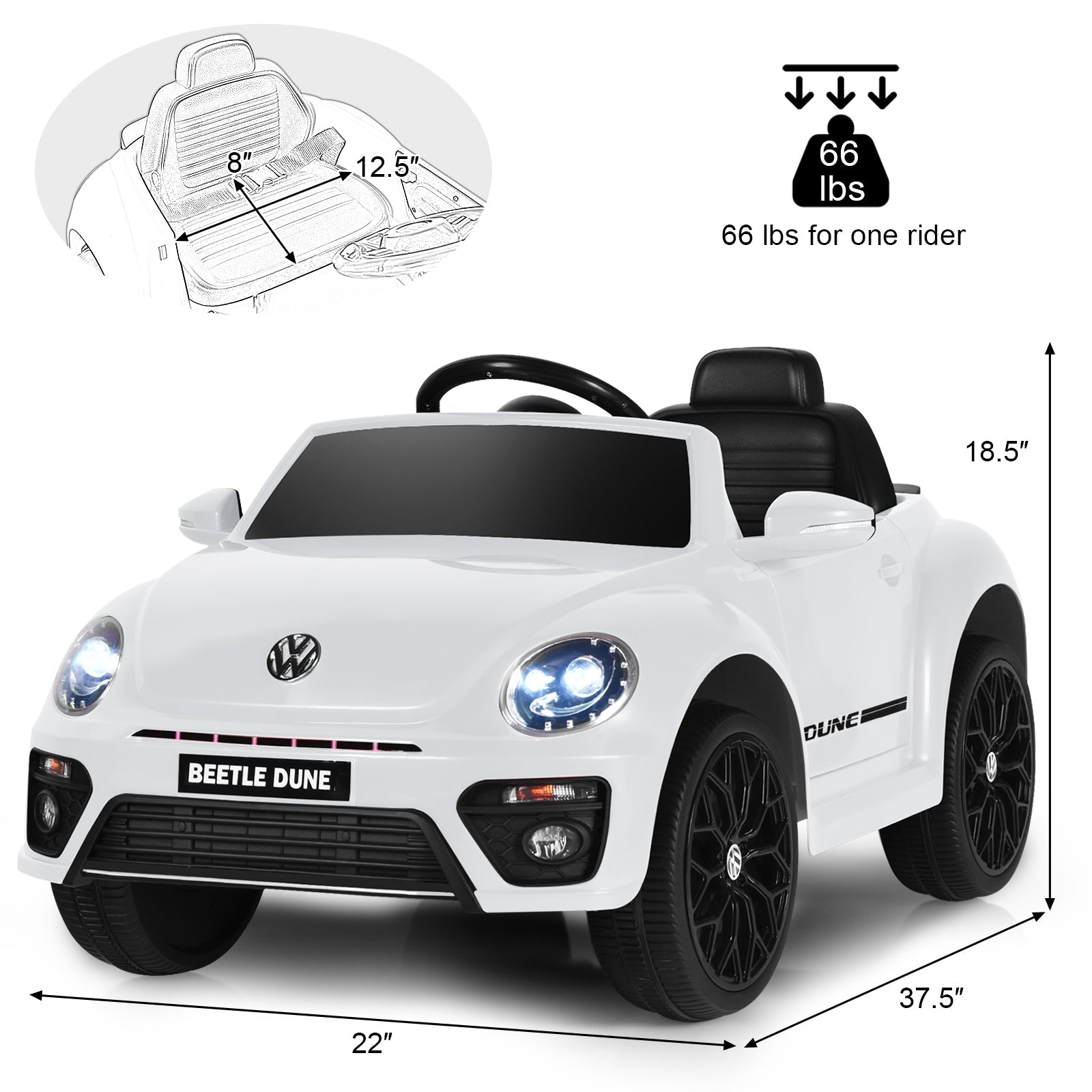 Licensed Volkswagen Beetle 12V Ride On Car with Remote Control and Music for Kids