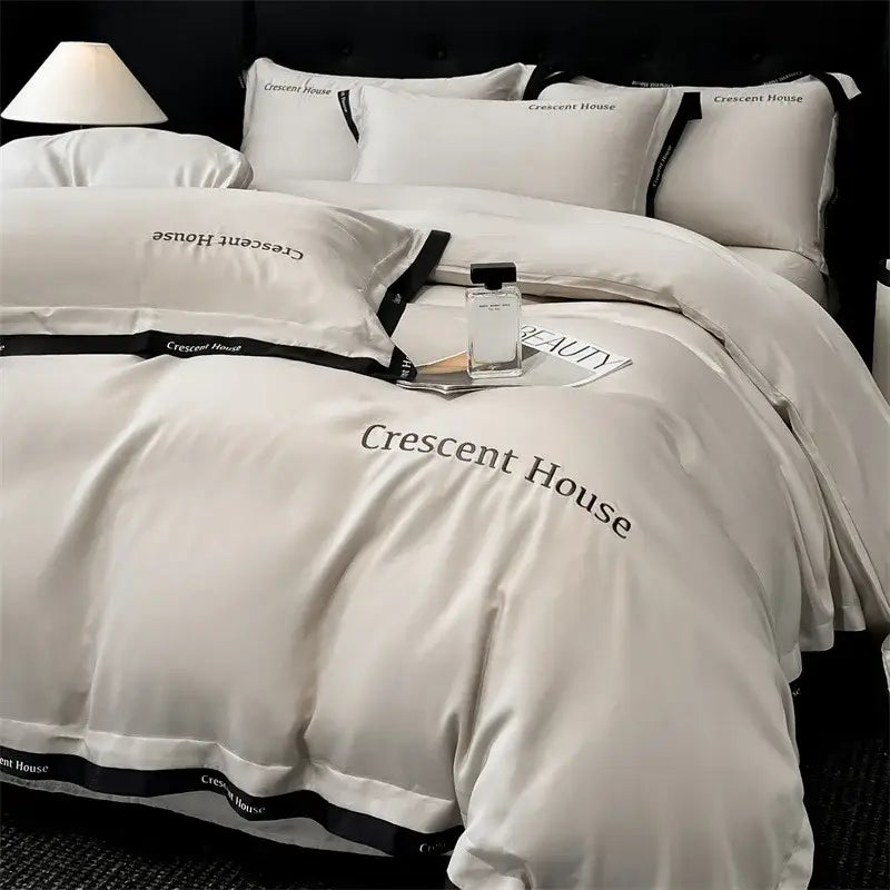 Light blue and black ice silk duvet cover bed set for bedroom
