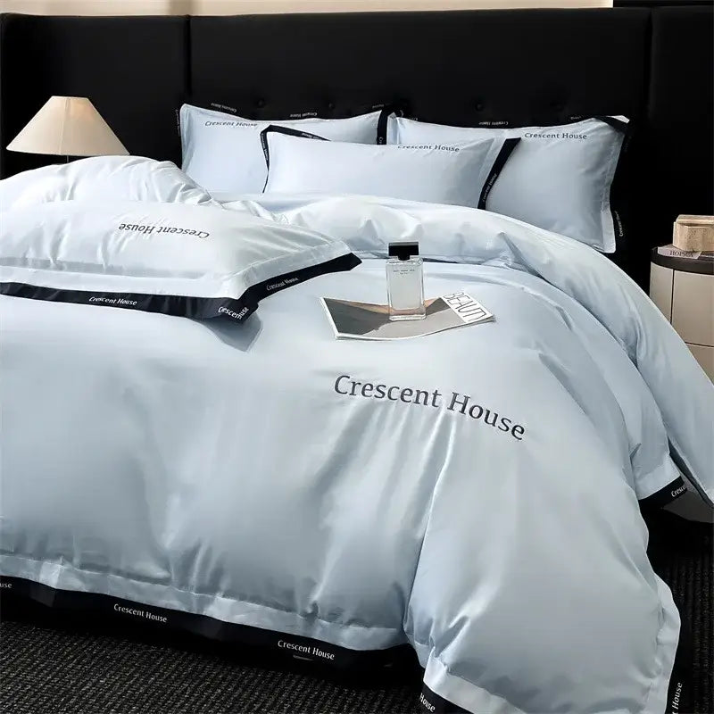 Light blue and black ice silk duvet cover bed set for bedroom