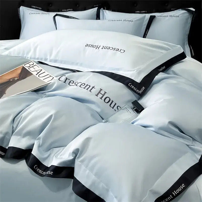 Light blue and black ice silk duvet cover bed set for bedroom