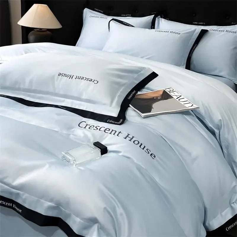 Light blue and black ice silk duvet cover bed set for bedroom