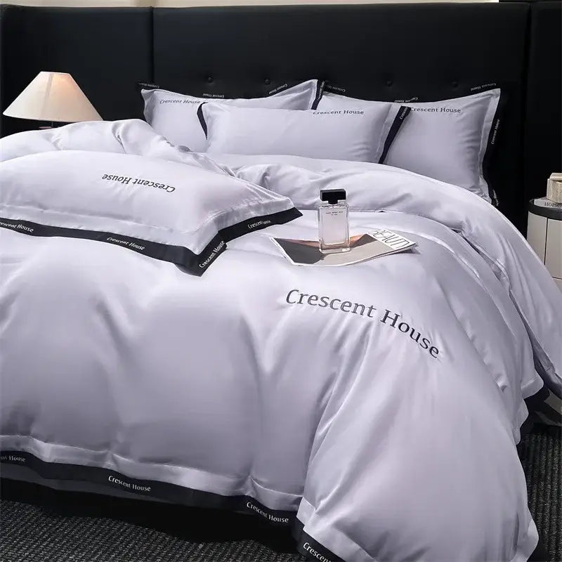 Light blue and black ice silk duvet cover bed set for bedroom