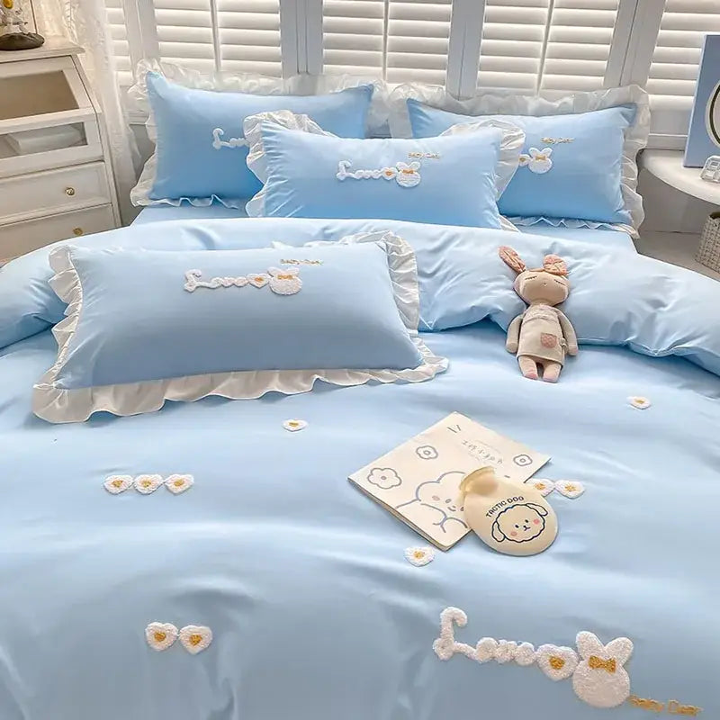 Light blue cotton bedding set with bunny embroidery bedroom decor