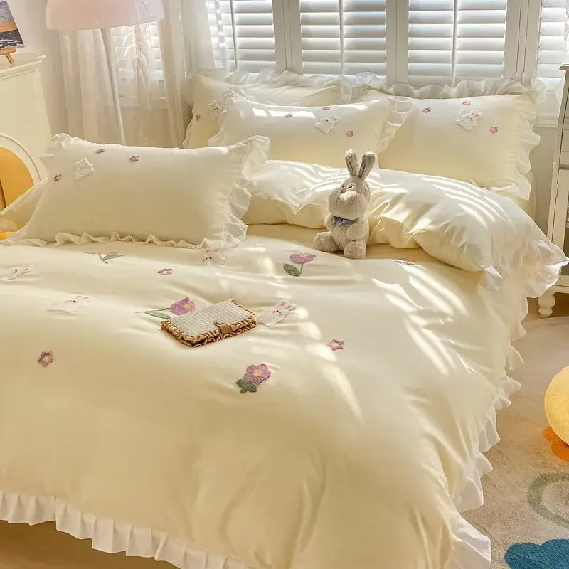 Light blue cotton bedding set with bunny embroidery bedroom decor