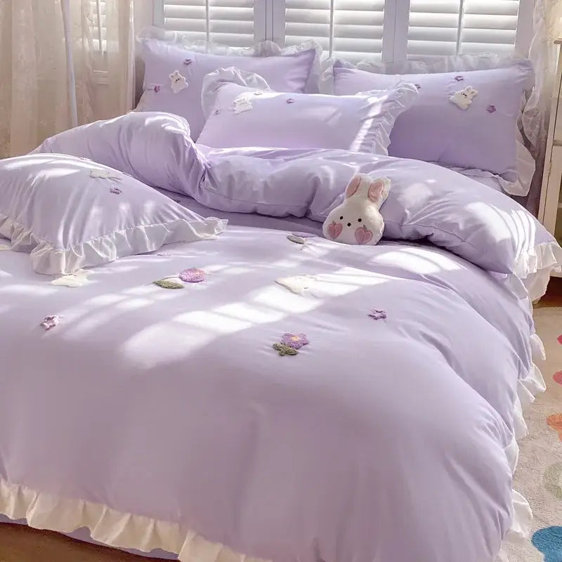 Light blue cotton bedding set with bunny embroidery bedroom decor