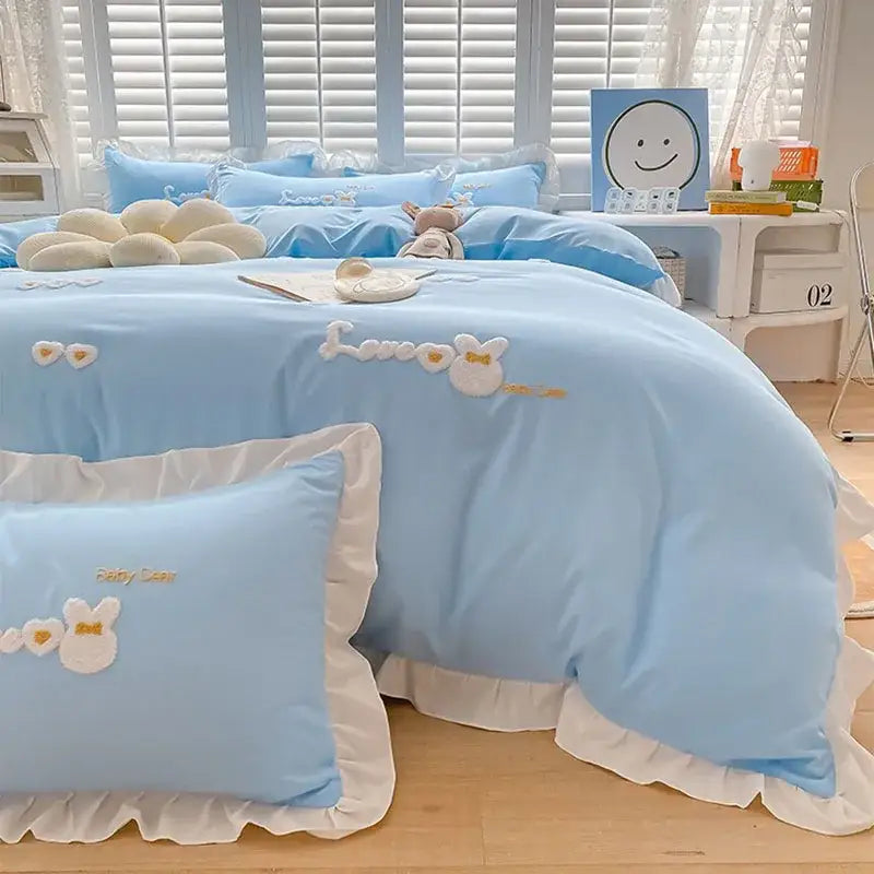 Light blue cotton bedding set with bunny embroidery bedroom decor