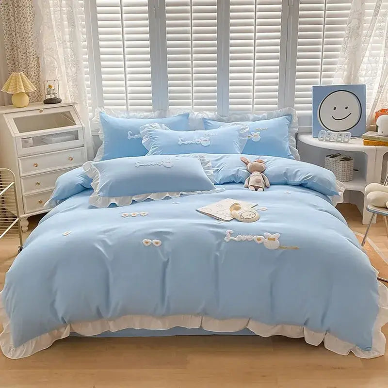 Light blue cotton bedding set with bunny embroidery bedroom decor