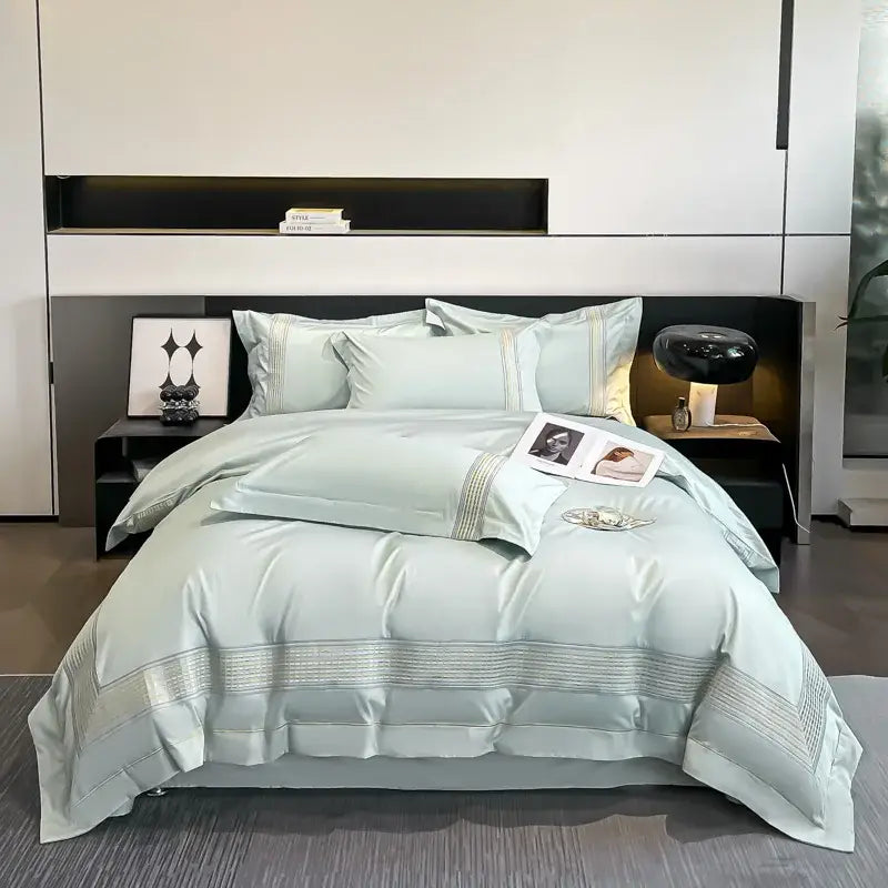 Light blue egyptian cotton embroidery duvet cover bedding set bedroom