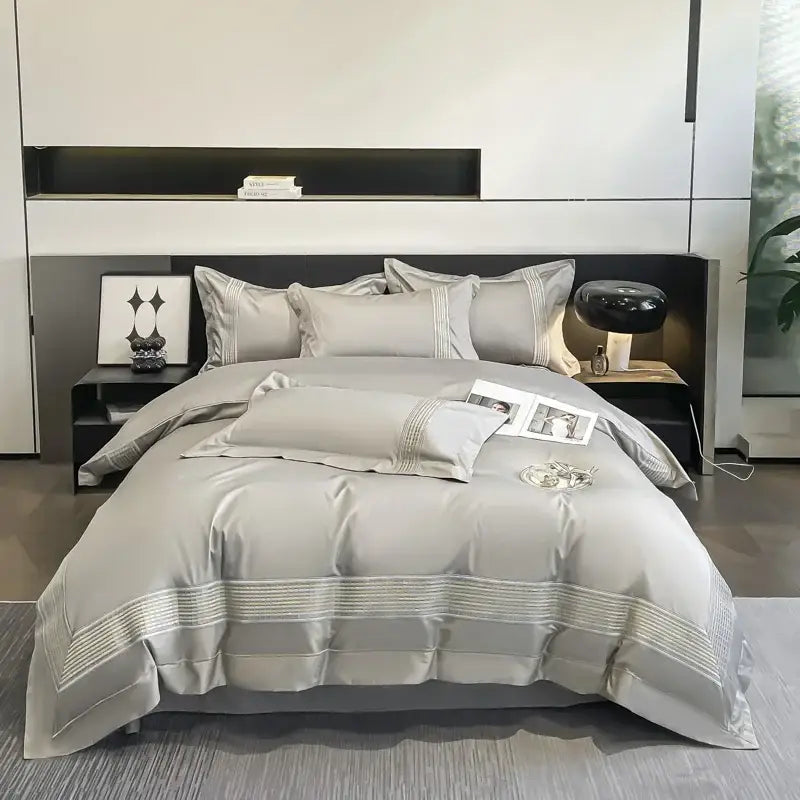 Light blue egyptian cotton embroidery duvet cover bedding set bedroom
