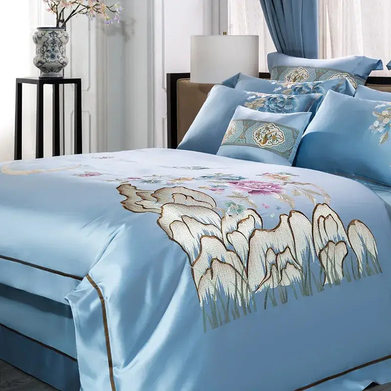 Light blue floral and moon 200s cotton embroidery bedding set bedroom